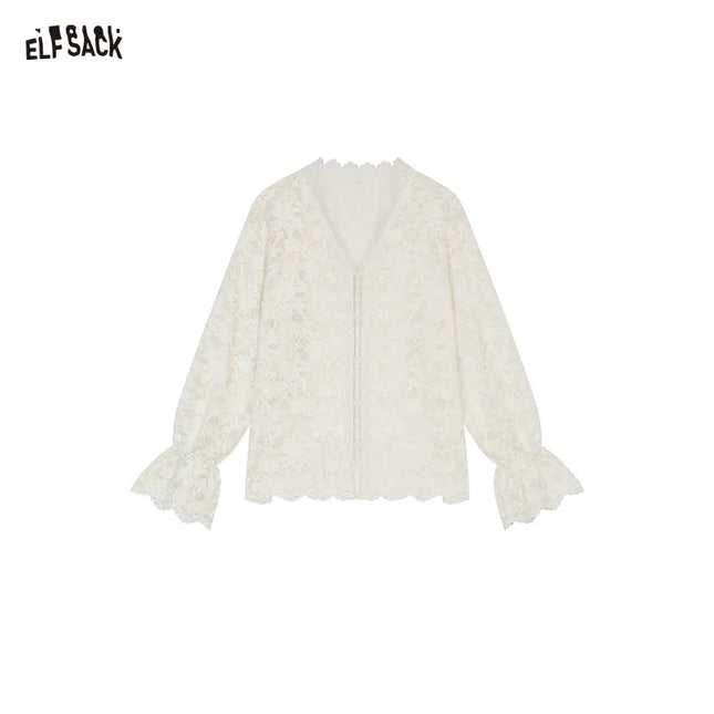 ELFSACK 2024 Winter New Arrivals White lace semi transparent chiffon shirt for women, layered top