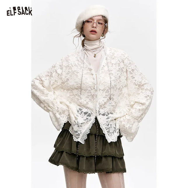 ELFSACK 2024 Winter New Arrivals White lace semi transparent chiffon shirt for women, layered top