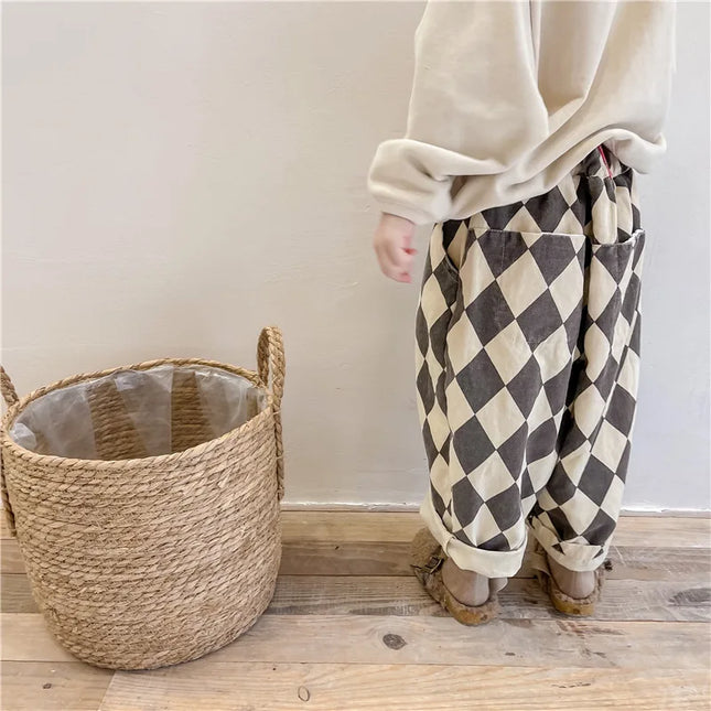 2024 New Autumn Baby Boys Plaid Pants Korean Style Toddlers Kids Casual Loose Haren Trousers Children Clothes