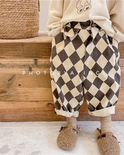 2024 New Autumn Baby Boys Plaid Pants Korean Style Toddlers Kids Casual Loose Haren Trousers Children Clothes