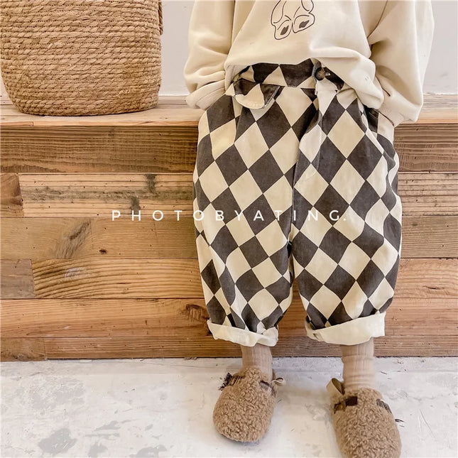 2024 New Autumn Baby Boys Plaid Pants Korean Style Toddlers Kids Casual Loose Haren Trousers Children Clothes