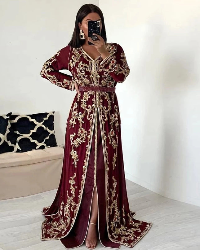 Burgundy Moroccan Kaftan Caftan Muslim Evening Dresses A-line Long Sleeves Appliques Dubai Arabic Abaya Islamic Gown Customized