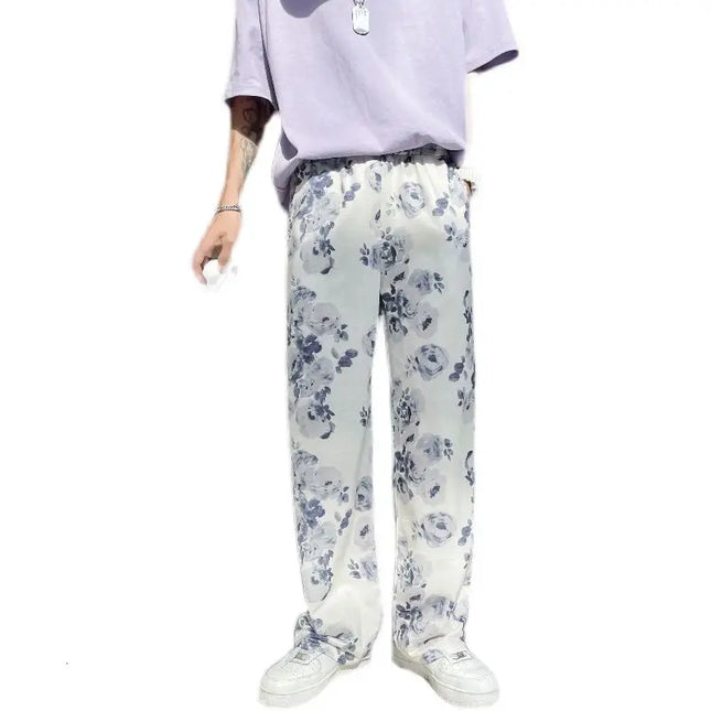 Spring Summer Flower Pants Men's Fashion Printed Casual Pants Men Streetwear Loose Hip-hop Straight Wide-leg Pants Mens Trousers