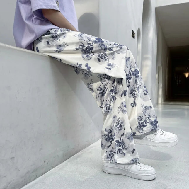 Spring Summer Flower Pants Men's Fashion Printed Casual Pants Men Streetwear Loose Hip-hop Straight Wide-leg Pants Mens Trousers