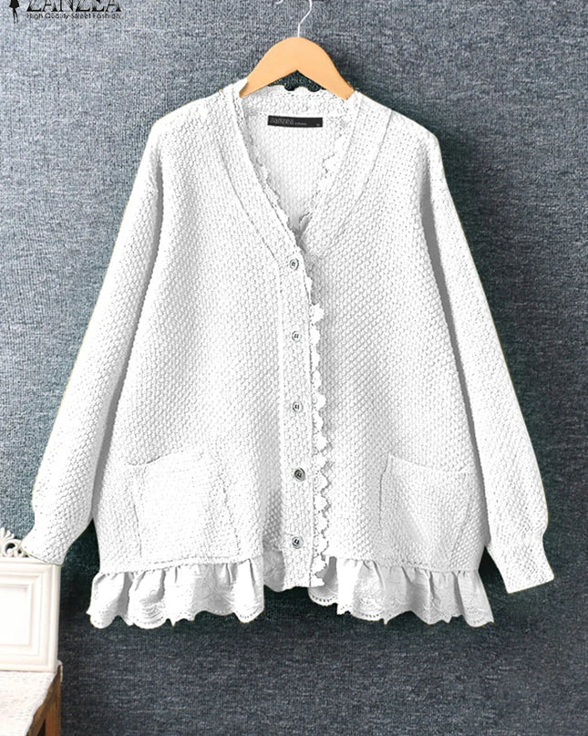 ZANZEA Vintage Cardigans Women Spring Autumn Blouses Long Sleeve Casual Button Shirt Stylish Ruffles Blusas Female Kimono Tops