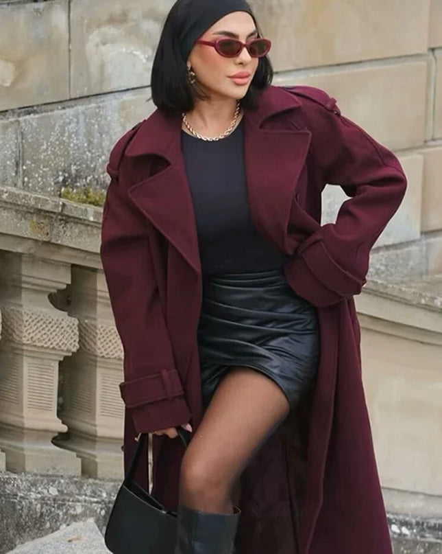 Elegant Faux Wool Long Coats With Belts 2024 Autumn Winter Women's Lapel Overcoat Chic Double Breasted Lady Jacket High Ste=reet