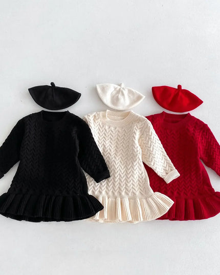 Autumn and Winter Korean New Girls Sweater Dress Children Twists Round Neck Long Sleeve Warm Knitted Ruffles Dress