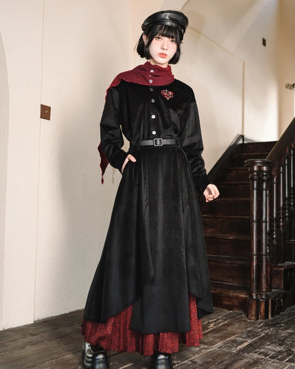 New Chinese Style National Style Autumn And Winter Double Layered Pleating Black Red Maxi Dress A-line Skirt