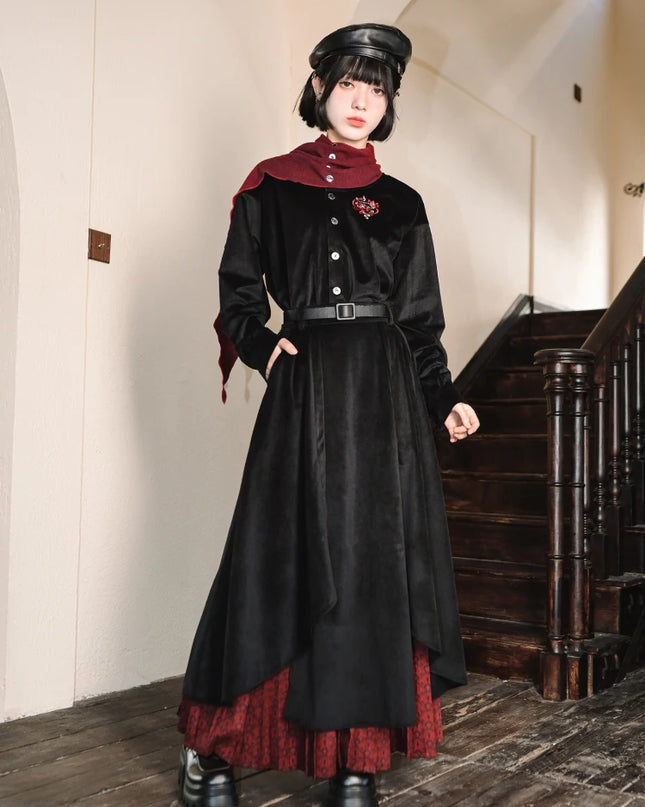 New Chinese Style National Style Autumn And Winter Double Layered Pleating Black Red Maxi Dress A-line Skirt