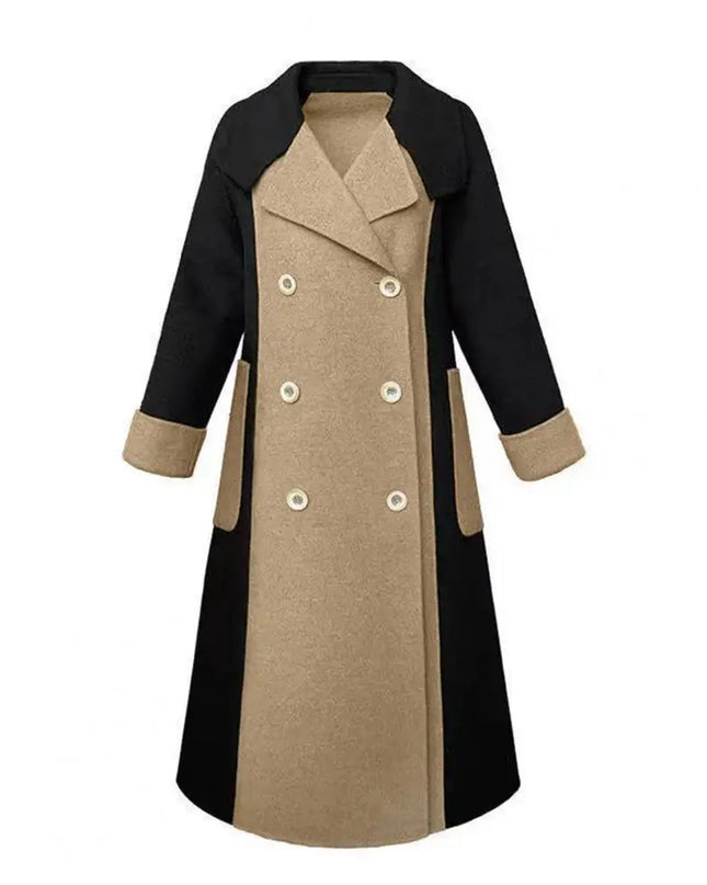 Winter Women Overcoat Double-breasted Color Matche Mid Length Coat Double-sided Turn-down Collar Pockets Lady Jacket For Dating