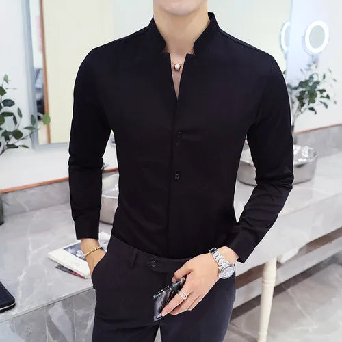 2024 Spring 3 Color Stand Collar Shirt High Quality Men Long Sleeve Slim Fit Casual Shirt Black White Red Business Dress Shirts