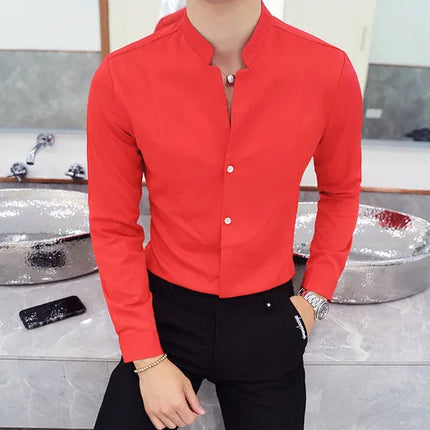 2024 Spring 3 Color Stand Collar Shirt High Quality Men Long Sleeve Slim Fit Casual Shirt Black White Red Business Dress Shirts