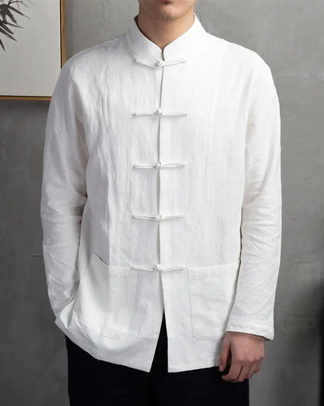 Solid Color Stand-up Collar Shirt Traditional Chinese Style Men's Shirt with Mandarin Collar Long Sleeve Featuring for Kung