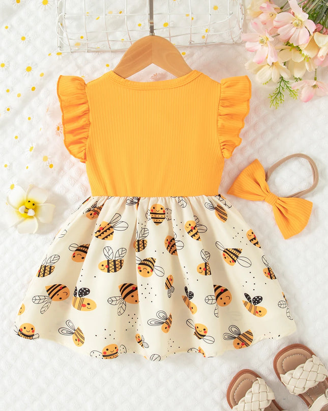 Baby Girl Clothes Summer Bow And Bee Pattern Beach Girls Dresses Cute Casual Knit Baby Girl Dress Children's Princess Dress