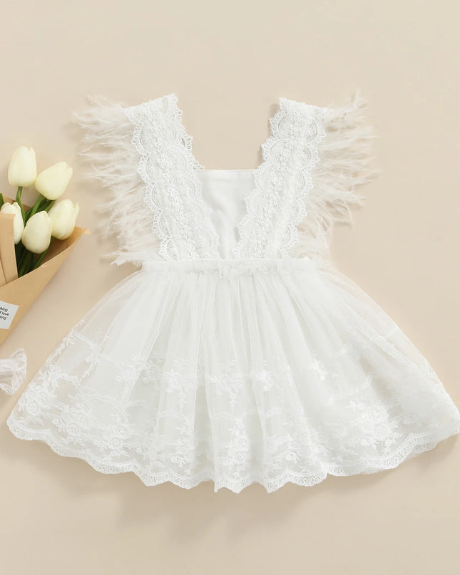 Summer Newborn Baby Girls Lace Crochet Dresses Ruffle Feather Princess Tulle Tutu Dress Birthday Party Outfit