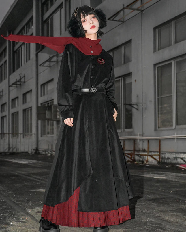 New Chinese Style National Style Autumn And Winter Double Layered Pleating Black Red Maxi Dress A-line Skirt