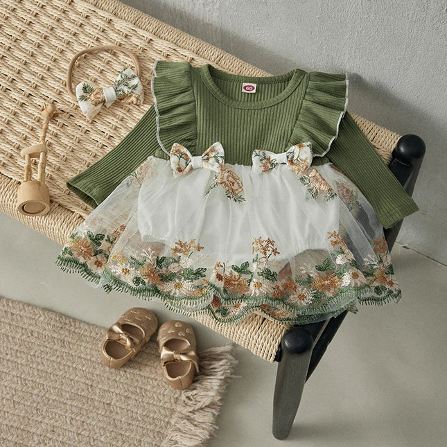 BeQeuewll 0-2Y Baby Girl Romper Dress Flower Embroidery Knit Rib Ruffles Crew Neck Jumpsuits Summer Bodysuits with Bow Headband