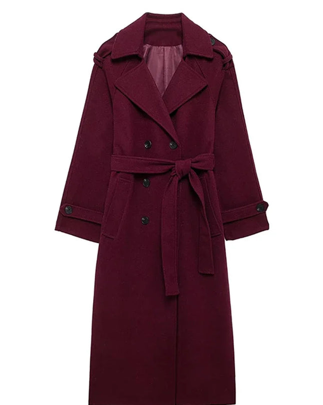 Elegant Faux Wool Long Coats With Belts 2024 Autumn Winter Women's Lapel Overcoat Chic Double Breasted Lady Jacket High Ste=reet