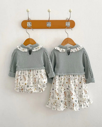 7315 Baby Sister Clothes Autumn New Knitted and Spliced Printed Girl's One Piece Clothes Or Sister Dresses