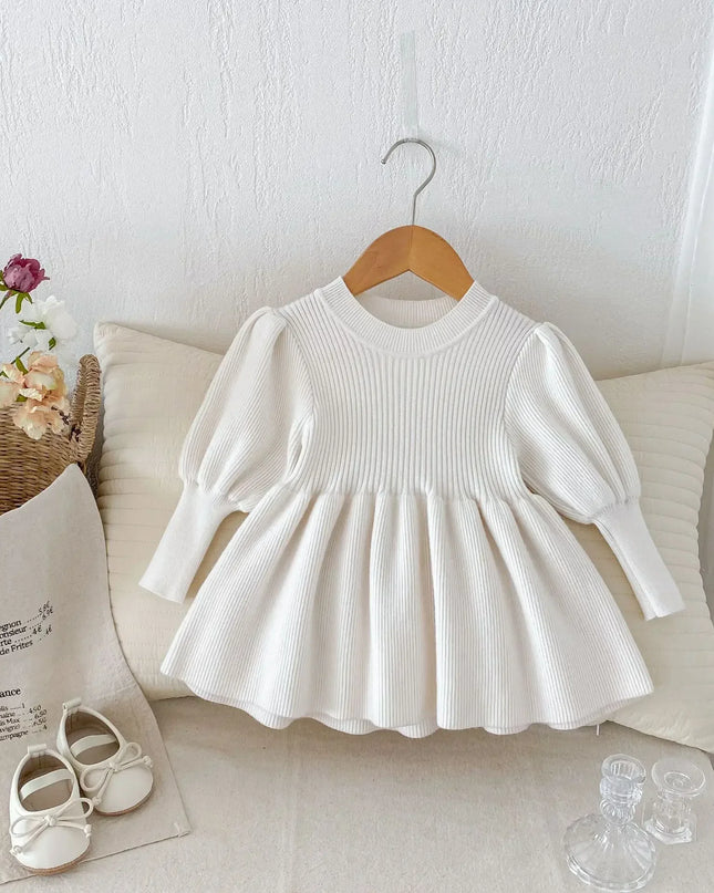 6223  Girls' Knitted Sweaters Dress 2024 Autumn Winter Baby Girls' Fashion Bubble Sleeve Knitted Tops Dress