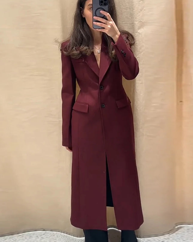 Burgundy Long Blazer Coats Women Elegant Single Breasted Long Sleeve Shoulder Pads Suits Jacket Female Spring Tailored Outwear