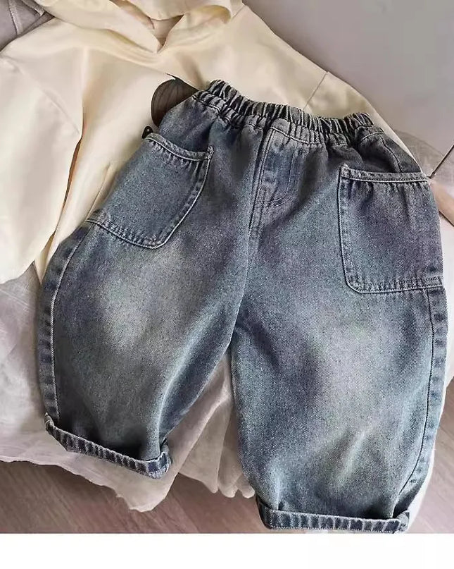 2024 Spring Autumn Kid Boys Denim Pants Side Pocket Polished White Children Boys Pants Elastic Waist Casual Baby Boys Trousers