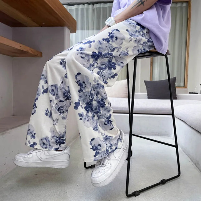 Summer Flower Pants Men Oversized Printed Wide Leg Pants Men Streetwear Korean Loose Straight Casual Pants Mens Trousers M-3XL