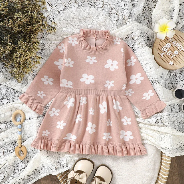 2024-06-13 Lioraitiin Toddler Kids Girl Long Sleeve Dress Casual Floral Print Ruffle Sweater A-Line Dress Baby Spring Clothes