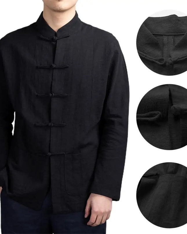 Solid Color Stand-up Collar Shirt Traditional Chinese Style Men's Shirt with Mandarin Collar Long Sleeve Featuring for Kung