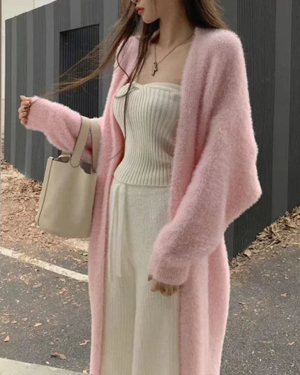 Chic Pink Cardigans Oversized Women Mink Cashmere Winter Soft Long Knitwear Harajuku Style Kimono Wool Sweater Open Stitch