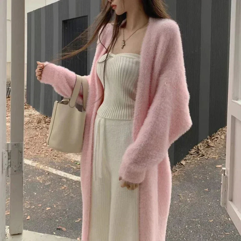 Chic Pink Cardigans Oversized Women Mink Cashmere Winter Soft Long Knitwear Harajuku Style Kimono Wool Sweater Open Stitch