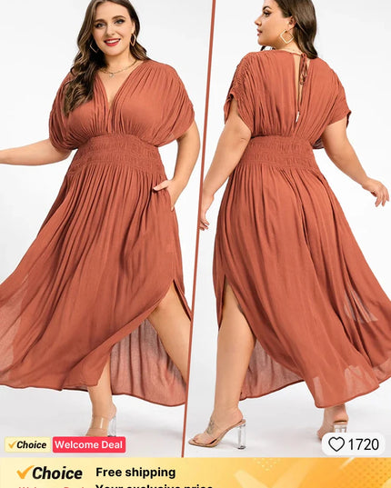 2025 New plus size V-neck dress, fashionable orange chiffon women's dress, summer elegant batwing sleeve women's long dress