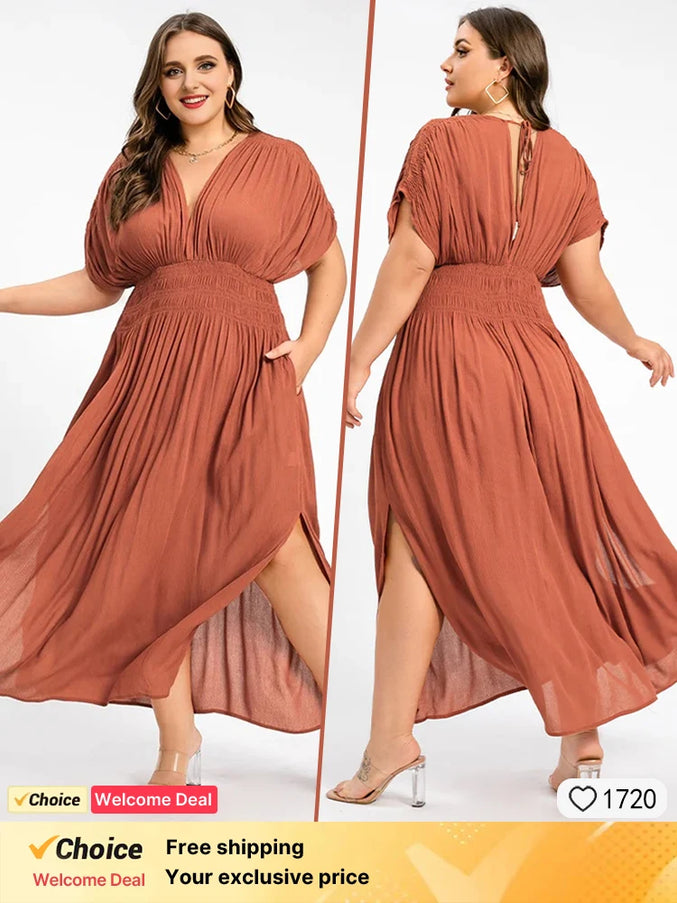 2025 New plus size V-neck dress, fashionable orange chiffon women's dress, summer elegant batwing sleeve women's long dress