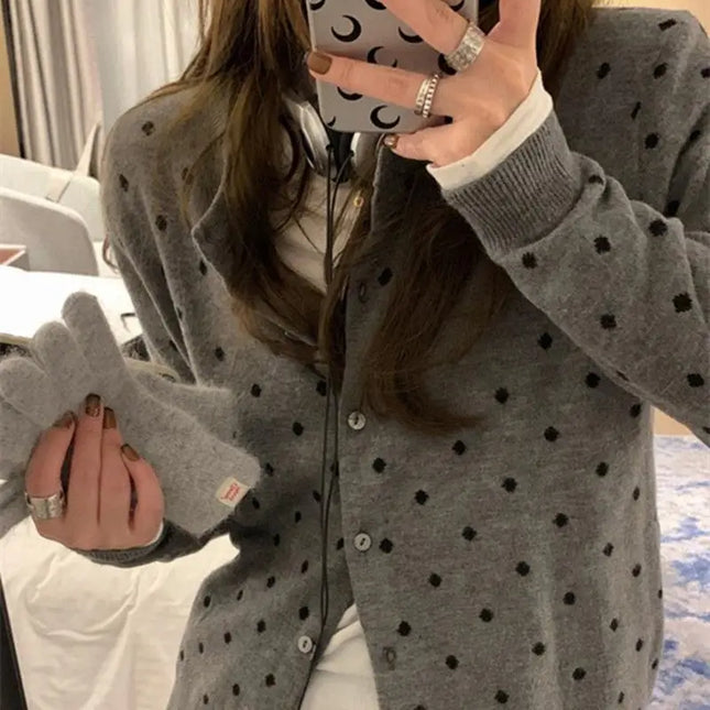 Polka dot knitted cardigan ins women's spring and autumn new style layered design sense versatile slimming long sleeved top