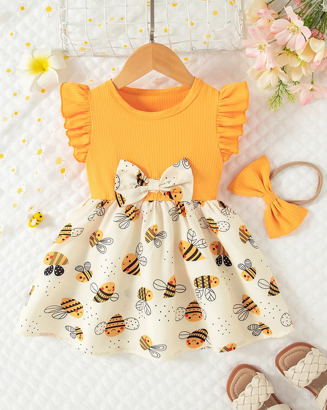 Baby Girl Clothes Summer Bow And Bee Pattern Beach Girls Dresses Cute Casual Knit Baby Girl Dress Children's Princess Dress