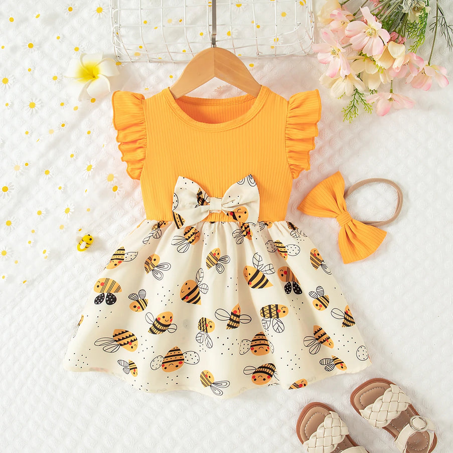 Baby Girl Clothes Summer Bow And Bee Pattern Beach Girls Dresses Cute Casual Knit Baby Girl Dress Children's Princess Dress