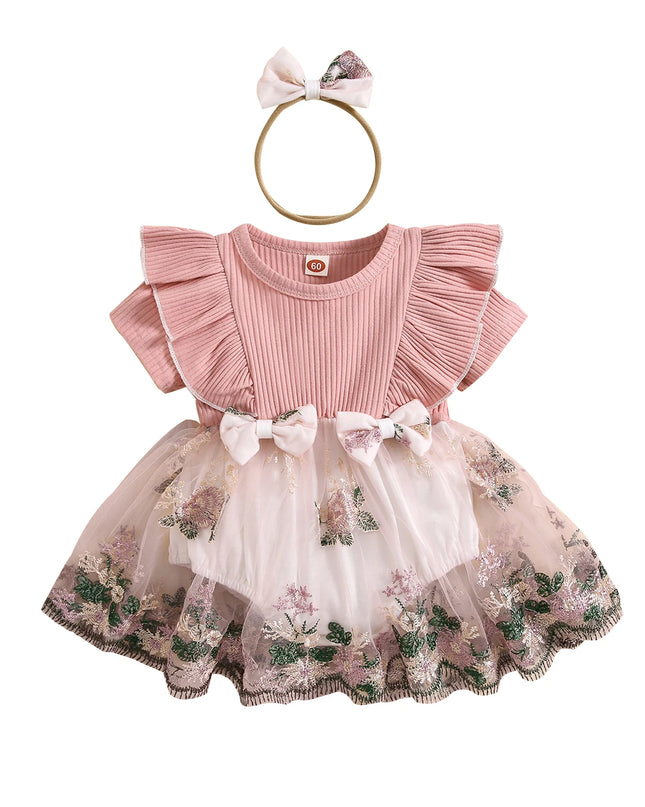 BeQeuewll 0-2Y Baby Girl Romper Dress Flower Embroidery Knit Rib Ruffles Crew Neck Jumpsuits Summer Bodysuits with Bow Headband