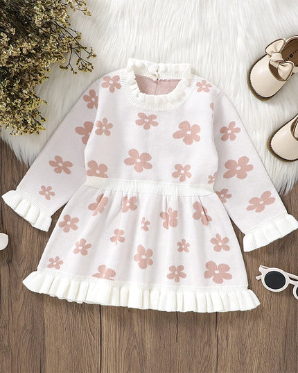 2024-06-13 Lioraitiin Toddler Kids Girl Long Sleeve Dress Casual Floral Print Ruffle Sweater A-Line Dress Baby Spring Clothes