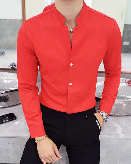 2024 Spring 3 Color Stand Collar Shirt High Quality Men Long Sleeve Slim Fit Casual Shirt Black White Red Business Dress Shirts