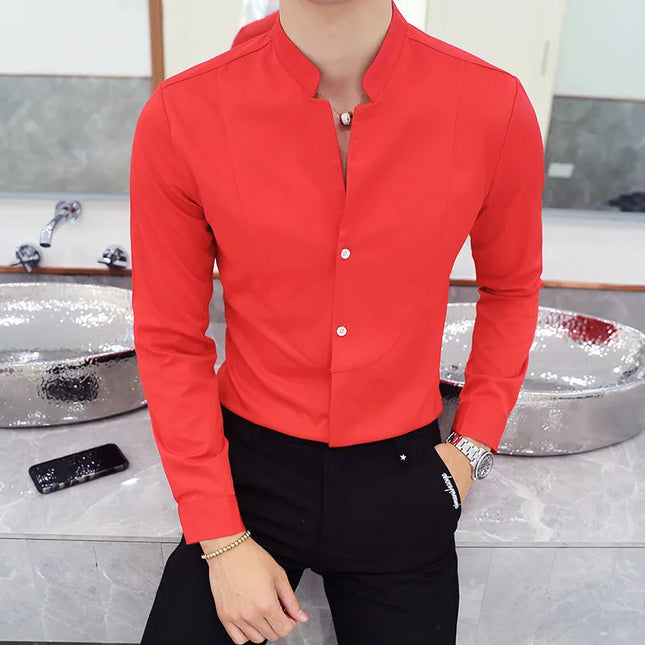 2024 Spring 3 Color Stand Collar Shirt High Quality Men Long Sleeve Slim Fit Casual Shirt Black White Red Business Dress Shirts