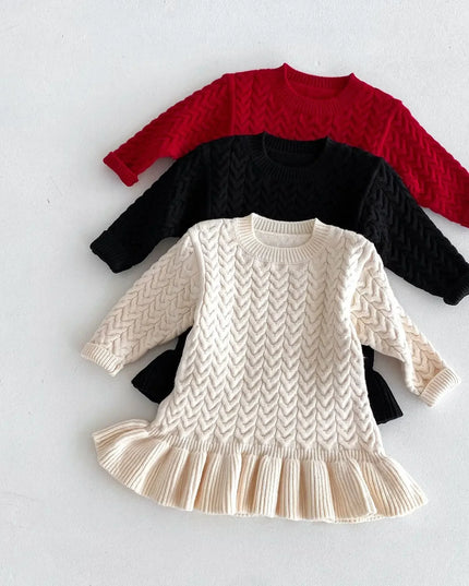 Autumn and Winter Korean New Girls Sweater Dress Children Twists Round Neck Long Sleeve Warm Knitted Ruffles Dress