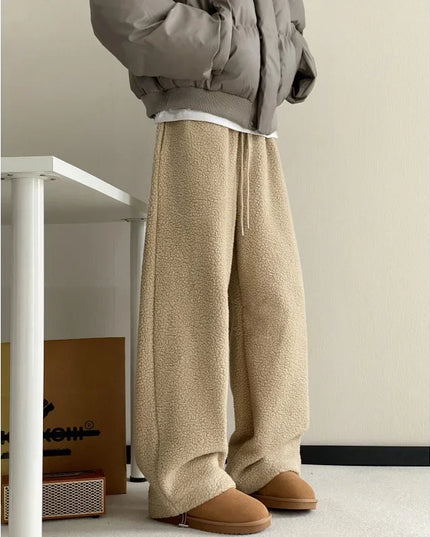 Casual Men's Fleece Pants Warm Protection Against Cold American Style Wide Leg Versatile Long Pants New 2024 Model