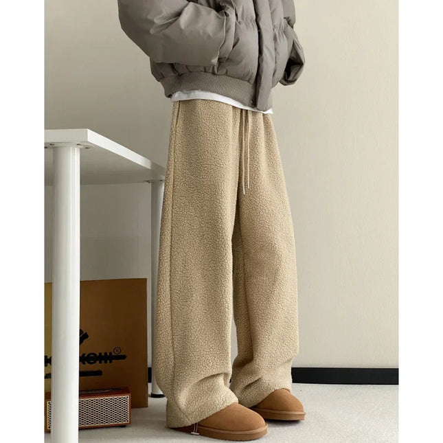 Casual Men's Fleece Pants Warm Protection Against Cold American Style Wide Leg Versatile Long Pants New 2024 Model