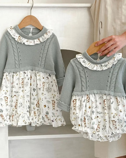 7315 Baby Sister Clothes Autumn New Knitted and Spliced Printed Girl's One Piece Clothes Or Sister Dresses