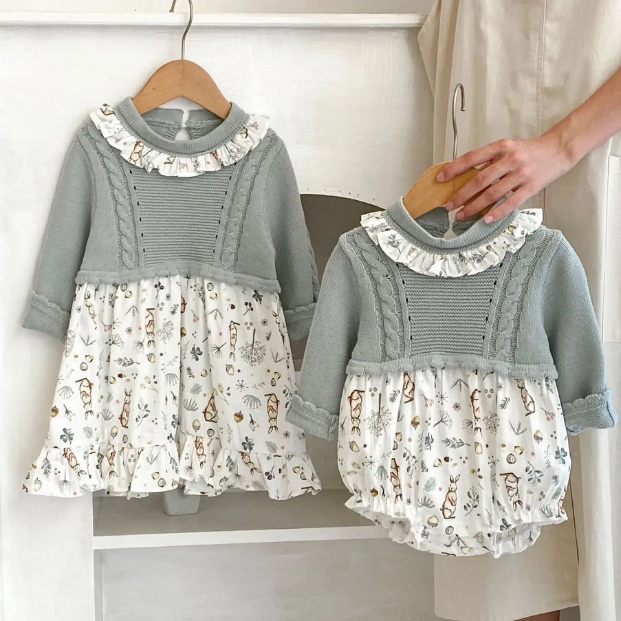 7315 Baby Sister Clothes Autumn New Knitted and Spliced Printed Girl's One Piece Clothes Or Sister Dresses