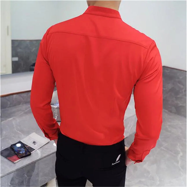 2024 Spring 3 Color Stand Collar Shirt High Quality Men Long Sleeve Slim Fit Casual Shirt Black White Red Business Dress Shirts