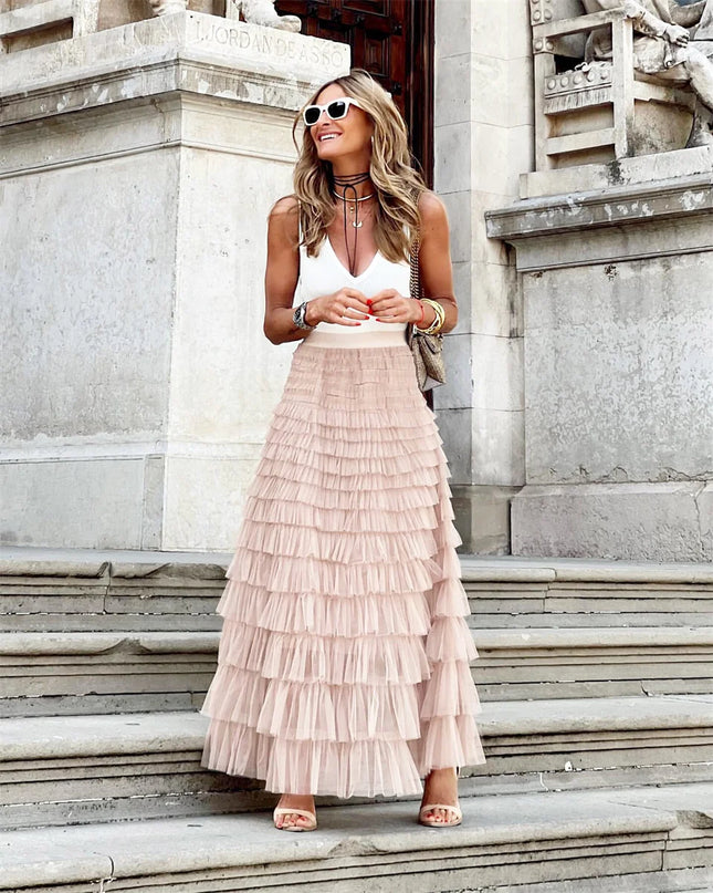 Summer Spring Women’s Multilayer Ruffles Tulle Skirt Pleated High Waist Fluffy Maxi Skirt Fairy Cake Dress Long Tutu Party Skirt