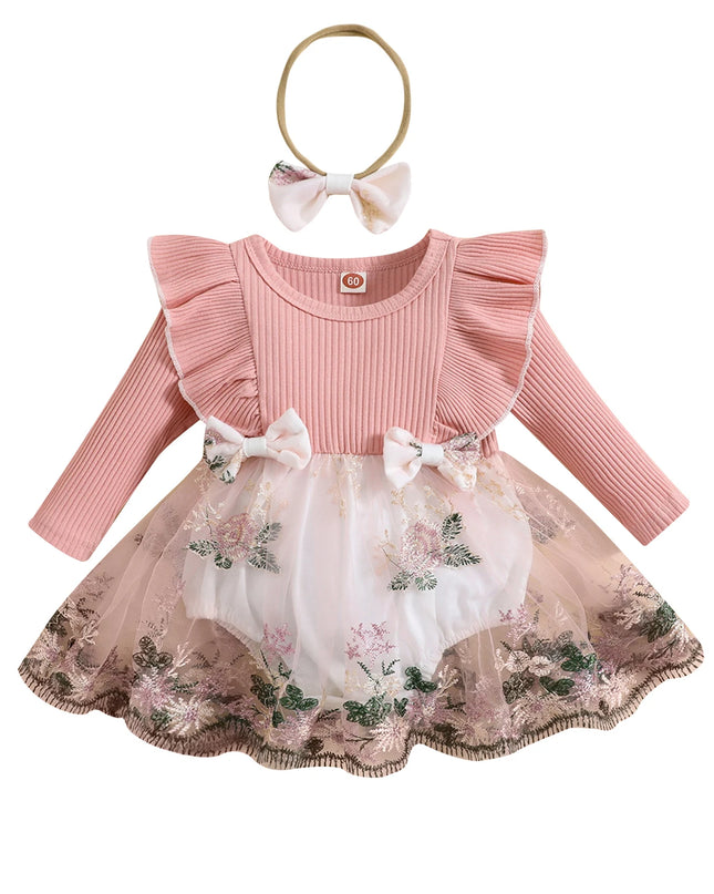 BeQeuewll 0-2Y Baby Girl Romper Dress Flower Embroidery Knit Rib Ruffles Crew Neck Jumpsuits Summer Bodysuits with Bow Headband