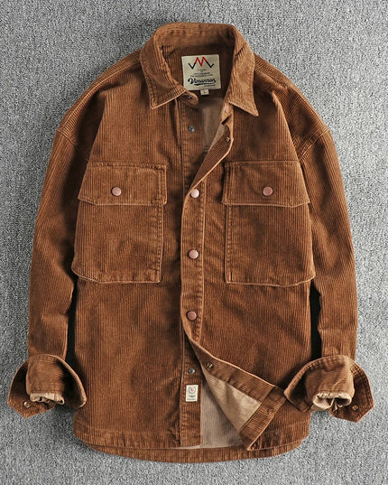 Autumn and winter thick wash corduroy long sleeve shirt men's retro trend cargo big pocket solid color casual coat