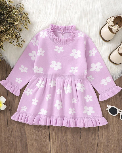 2024-06-13 Lioraitiin Toddler Kids Girl Long Sleeve Dress Casual Floral Print Ruffle Sweater A-Line Dress Baby Spring Clothes